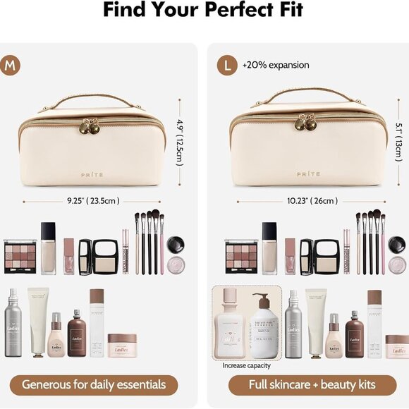 Makeup Bag for Women Travel Waterproof Vegan Leather Cosmetic Bag Open Flat Toil - Picture 3 of 15